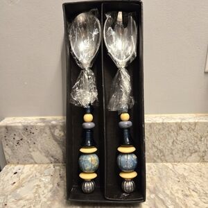 SouthCoast Beaded Handle Stainless Steel Salad Servers NWOT Original Box
